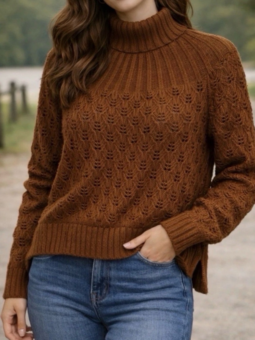 Madewell Brown Mock Neck Open Knit Pullover Sweater  XS Polyamide Merino Wool
